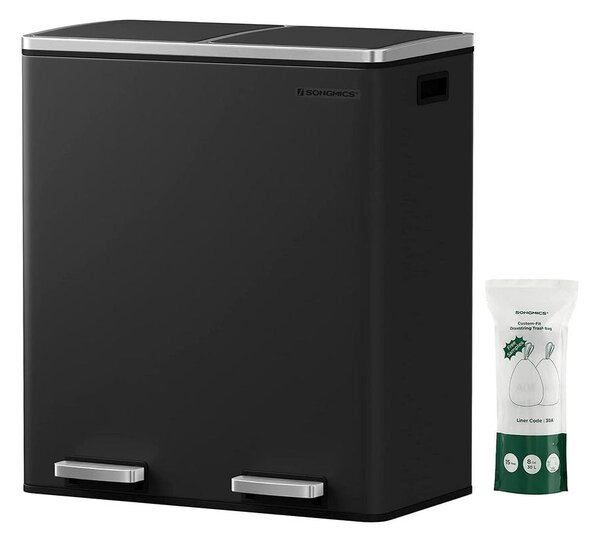 Légmentes fém pedálos dupla szemetes, 2 x 30L, 15 szemeteszsákkal, fekete