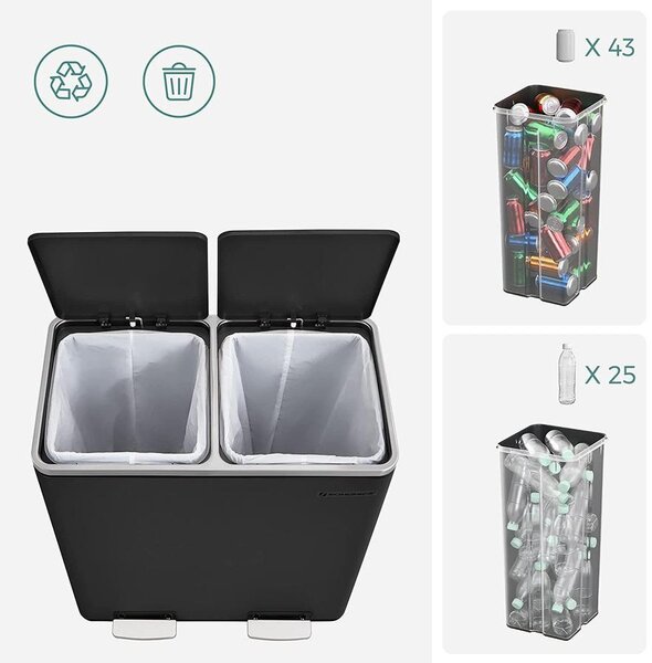 Légmentes fém pedálos dupla szemetes, 2 x 30L, 15 szemeteszsákkal, fekete
