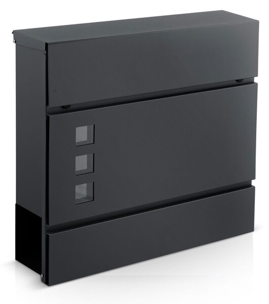 Postaláda, Humberg HM-863, antracit, 37 x 37 x 10,5 cm, galvanizált acél, porszórt, újságtartóval, csillapított ajtó, cilinderzár, 2 kulccsal
