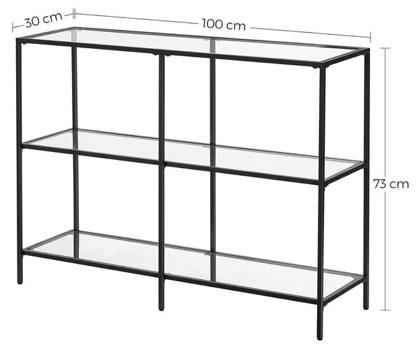 Moden konzolasztal, üvegpolccal, fekete