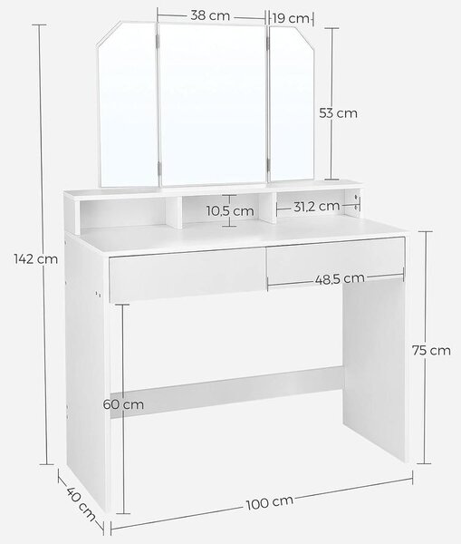 Fésülködőasztal tükörrel, modern stílusú sminkasztal, fehér