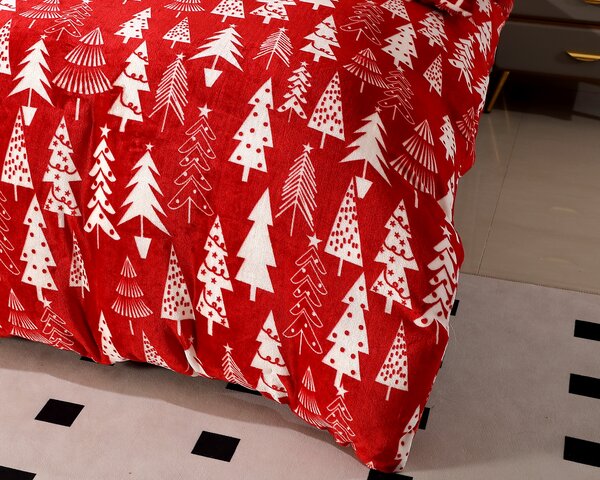 Mikroplüss ágynemű szett CHRISTMAS TREES piros + Mikroplüss lepedő SOFT 180x200 cm fehér, franciaágy