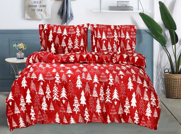 Mikroplüss ágynemű szett CHRISTMAS TREES piros + Mikroplüss lepedő SOFT 180x200 cm fehér, franciaágy
