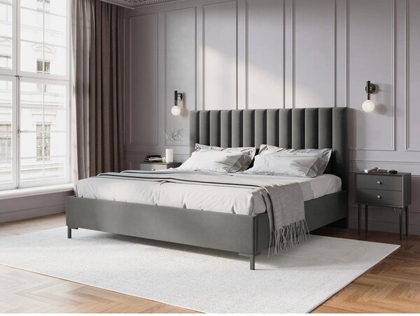 Szürke kárpitozott ágyneműtartós franciaágy ágyráccsal 200x200 cm Casey – Mazzini Beds