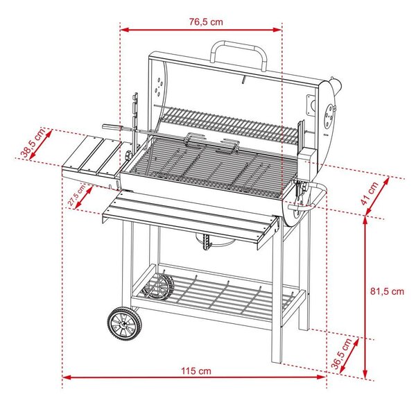 Kristen multifunkciós grill füstölővel + elektromos nyárssal, 41 x 115 x 82 cm