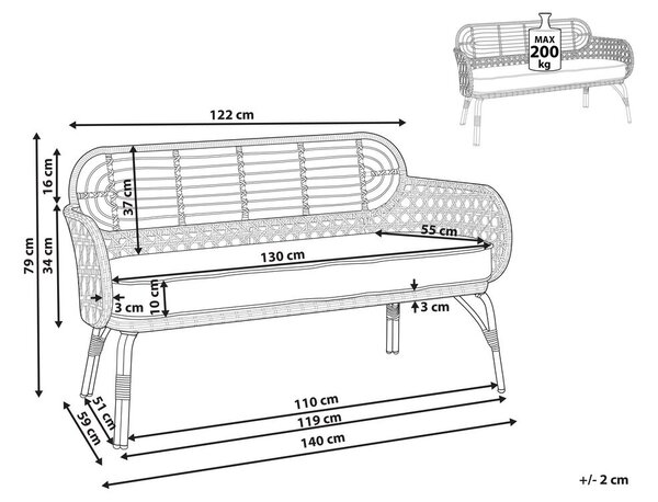 Kerti pad ülőpárnával PRATELLO 122 cm PE Rattan Természetes