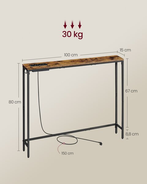 VASAGLE konzolasztal töltőállomással vintage barna/tintafekete 15 x 100 x 80 cm