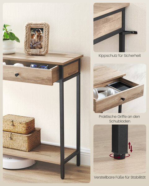 VASAGLE LNT015W01 konzolasztal 2 fiókkal acél vázzal tevebarna-fekete ipari design