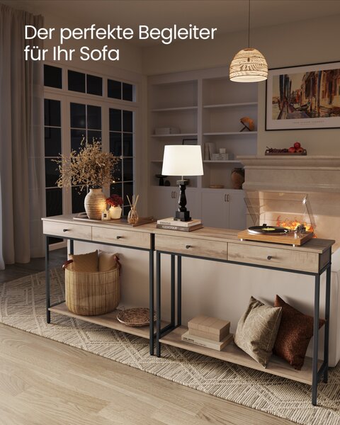 VASAGLE LNT015W01 konzolasztal 2 fiókkal acél vázzal tevebarna-fekete ipari design