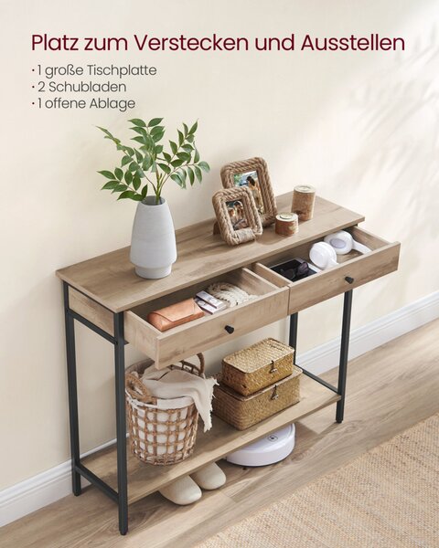VASAGLE LNT015W01 konzolasztal 2 fiókkal acél vázzal tevebarna-fekete ipari design