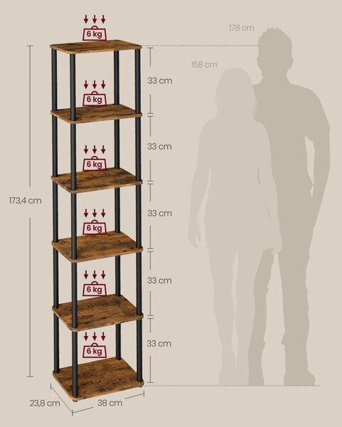 VASAGLE Superfast 6 szintes polcrendszer szerszám nélküli összeszerelés rusztikus barna és tintafekete