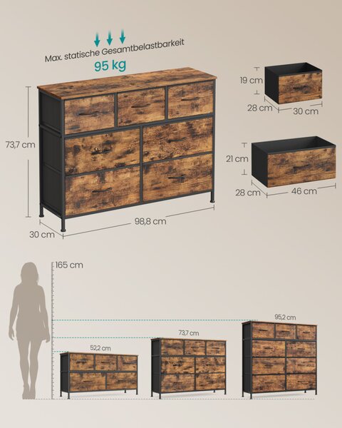 SONGMICS 7 fiókos komód acél MDF szövet rusztikus barna fekete