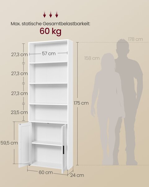 VASAGLE 6-szintes könyvespolc ajtókkal felhőfehér