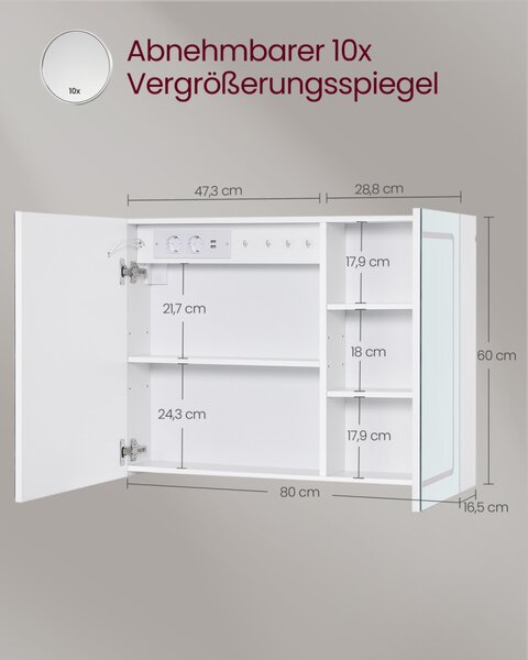 VASAGLE KAILYN BBK134W01 fürdőszobai tükrös szekrény LED világítással fehér