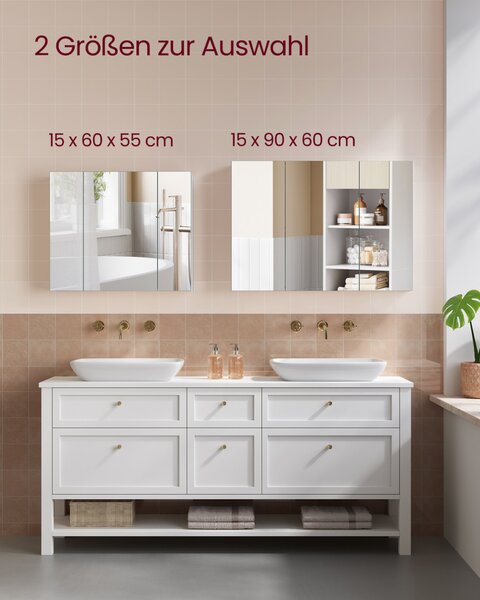 VASAGLE BBK032W01 fürdőszobai tükrös szekrény 3 ajtóval fehér 90 x 60 x 15 cm