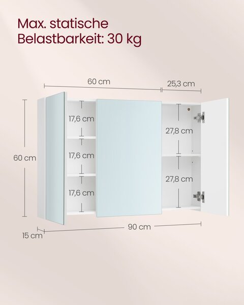VASAGLE BBK032W01 fürdőszobai tükrös szekrény 3 ajtóval fehér 90 x 60 x 15 cm