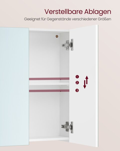VASAGLE BBK032W01 fürdőszobai tükrös szekrény 3 ajtóval fehér 90 x 60 x 15 cm