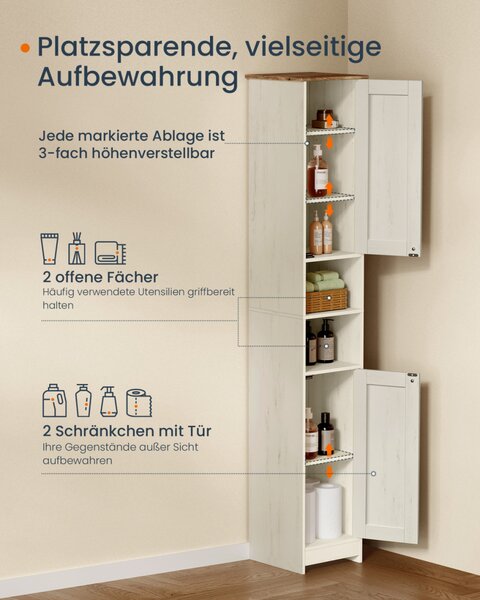 SONGMICS HOME BBC667WJ01 fürdőszobaszekrény szerszámmentes technológiával vintage fehér 30 x 30 x 170 cm