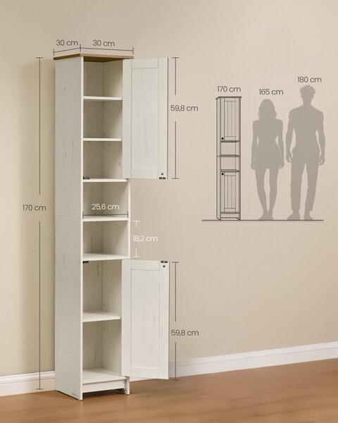 SONGMICS HOME BBC667WJ01 fürdőszobaszekrény szerszámmentes technológiával vintage fehér 30 x 30 x 170 cm