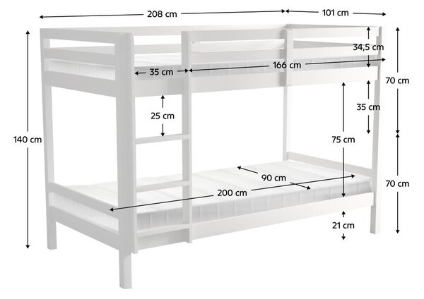Gyerek emeletes ágy 90 cm Invocato (fehér) (ágyráccsal)