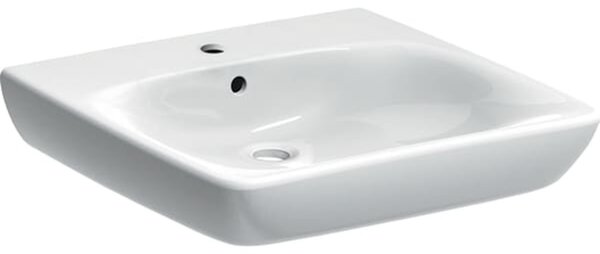 Csaptelep nélküli mosdó Geberit Selnova 55x55 cm fehér színben fényes felülettel középső nyílással 500.302.01.1