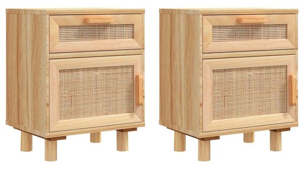 Fenyőfa-Rattan Éjjeliszekrény Szett - 2 db