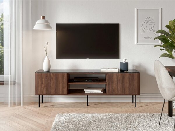 TV-állvány Miravio 102, Közepes sűrűségű farostlemez, Laminált forgácslap, 55x160x40cm, Dió, Fekete márvány