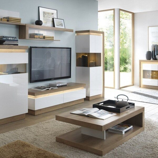 TV állvány, LED világítással, 2 fiókkal, 130 cm, fehér-tölgy - ARIZONA