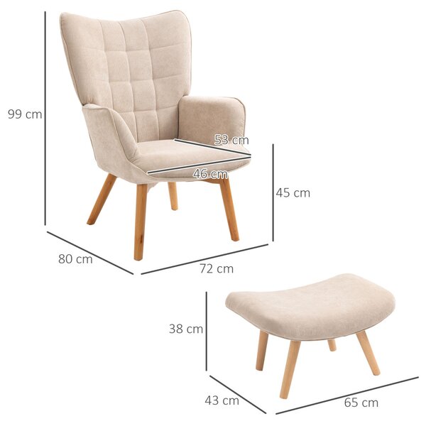 Karfás fotel lábtartóval, relax fotel, kárpitozott, kordbársony hatású, bézs