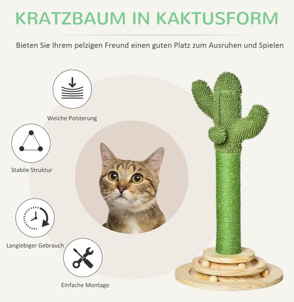 Kaktusz alakú kaparóoszlop macskáknak, fenyőfából és szizál kötélből, 60 cm magas