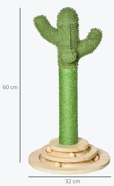 Kaktusz alakú kaparóoszlop macskáknak, fenyőfából és szizál kötélből, 60 cm magas