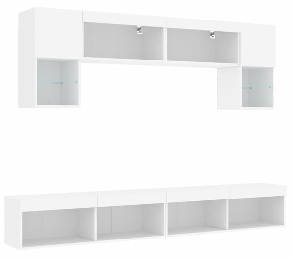 6 darab fehér szerelt fa fali TV-bútor LED-del