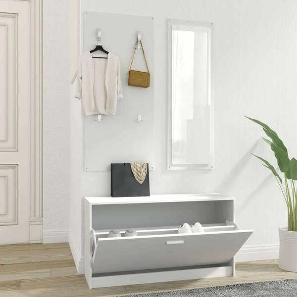 Fehér 3 az 1-ben Cipőszekrény Szett - Tükörrel és Fogaspanel - 80x27x46,5 cm
