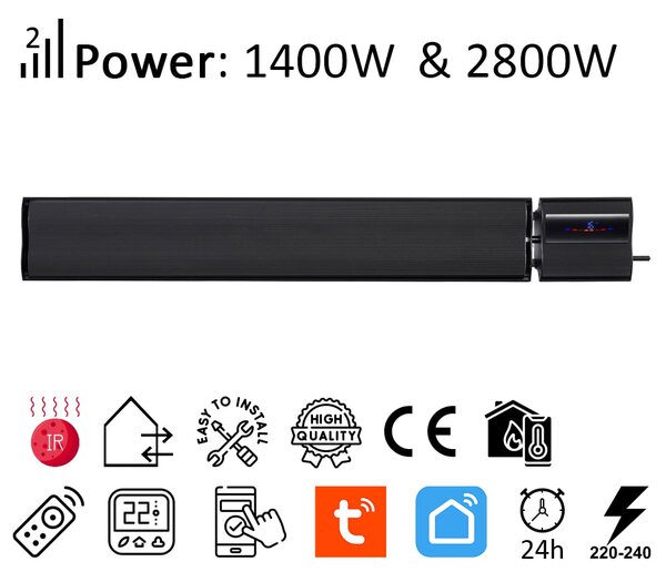 Infrapanel elektromos fűtés, fekete, ElectricSun 2800W / 1400W, SZ180xM15cm infrapanel fűtés, termosztáttal és Smart Life App wifivel