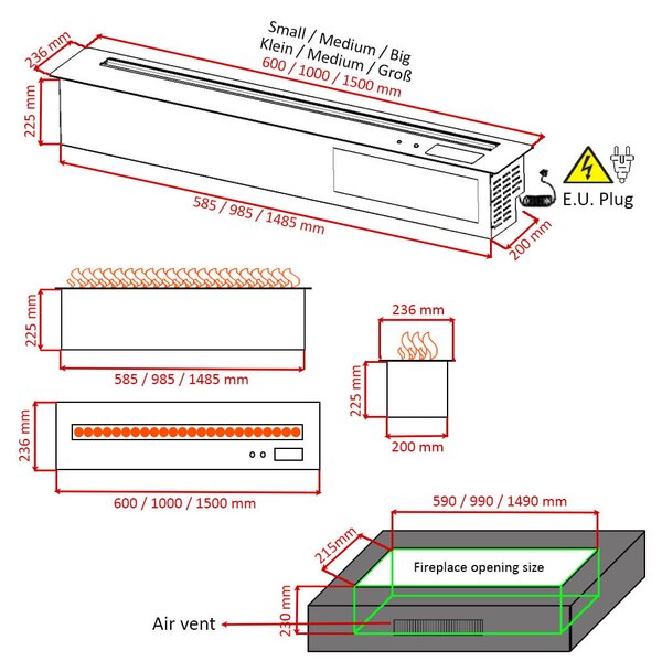 3D vízpárás beépíthető elektromos kandalló, Led, telefonos alkalmazással, ElectricSun MISTique Nagy SZ 150 cm