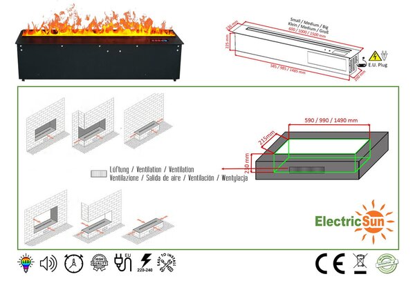 3D vízpárás beépíthető elektromos kandalló, Led, telefonos alkalmazással, ElectricSun MISTique Nagy SZ 150 cm