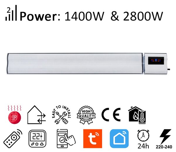 Infrapanel elektromos fűtés, fehér, ElectricSun, 2800W / 1400W, SZ180xM15cm infrapanel fűtés termosztáttal és Smart Life App wifivel