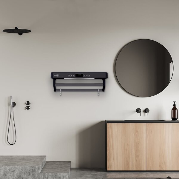 Elektromos törölköző szárító és sterilizáló, fürdőszobai vagy konyhai használatra, falra szerelhető, SZ60cm, 450W, ElectricSun PREMIUM Fekete