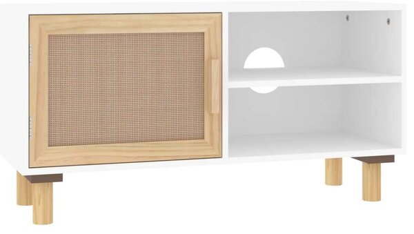 Fenyő-Rattan TV Szekrény - Fehér - 80x30x40 cm