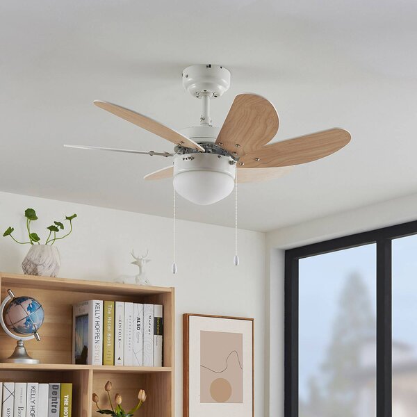 Lindby mennyezeti ventilátor Minja, fehér, fa, Fehér / opál, Nappali / Étkező, fém, Modern