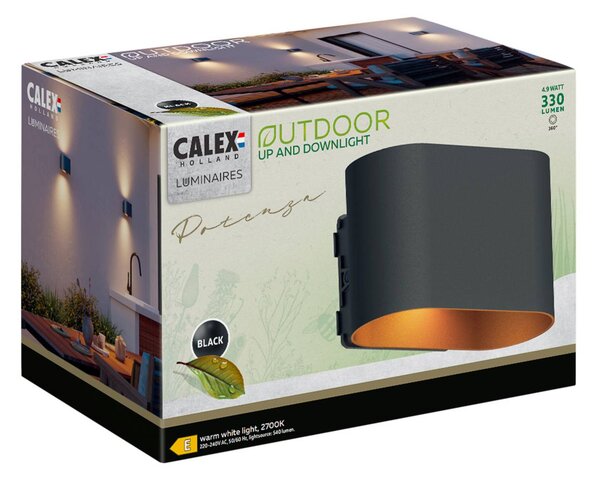 Calex LED kültéri falilámpa Potenza fel/le, IP44, fekete/arany, Fekete, Folyosó, Alumínium, Modern