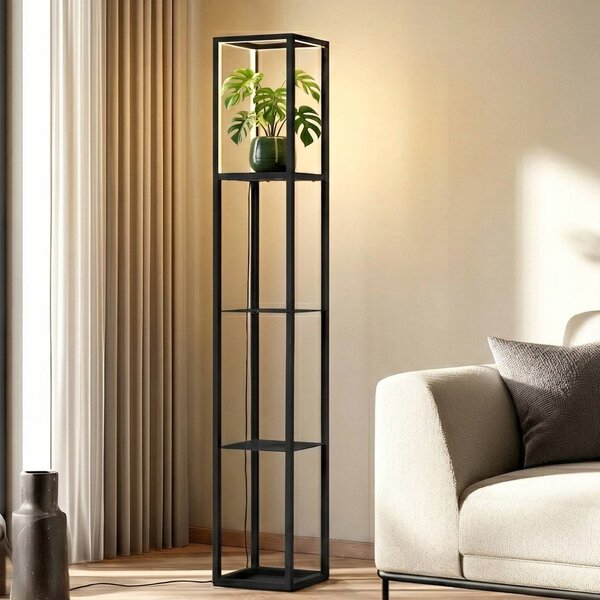 Lindby LED álló világítás Birta, polc, 155 cm, fekete, fém, dimmelhető, Fekete, Nappali / Étkező, fém, Modern