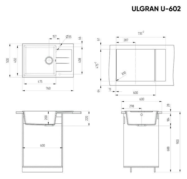 Ulgran U-602-328 Gránit Design Mosogatótálca - Csepegtetőtálcás, Bézs