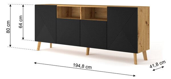 4 ajtós komód artisan tölgy színben, fekete fronttal LUXI 195