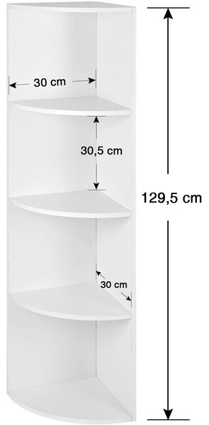 4 szintes sarokpolc, álló tárolópolc 30 x 129,5 x 30 cm, fehér