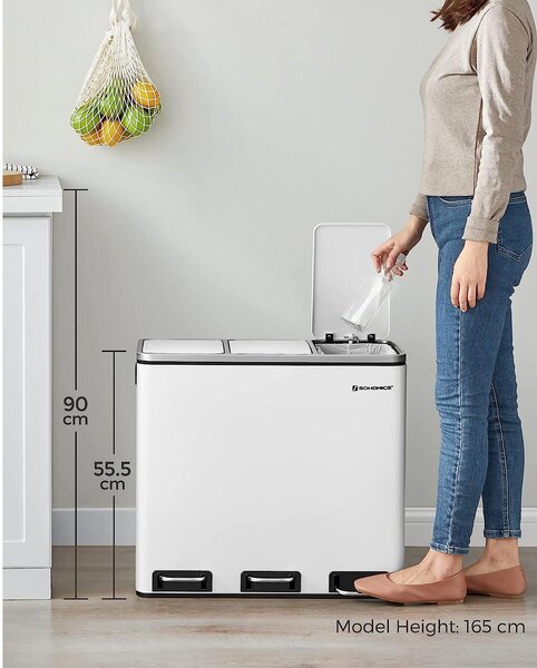Konyhai pedálos szemetesdoboz, szelektív hulladékgyűjtő, 3 x 18 l, fehér
