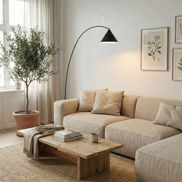 Lindby ívlámpa Triangolo, fekete, magasság 195 cm, fém E27, Fekete, Nappali / Étkező, fém, Modern