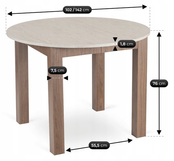JAKS Harry bővíthető kerek étkezőasztal 102–142 cm Riviera travertin