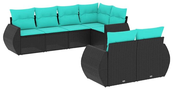 7 db fekete polyrattan kerti kanapégarnitúra párnákkal
