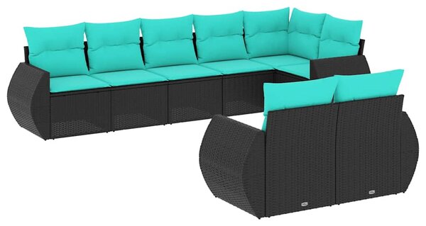 8 db fekete polyrattan kerti kanapégarnitúra párnákkal
